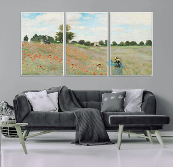 74890-MGV-FC-60X30-3P_White-Monet Poppy Field Wall Art – Impressionist Landscape Canvas Print, Classic French Artwork for Living Room, Bedroom or Office Decor