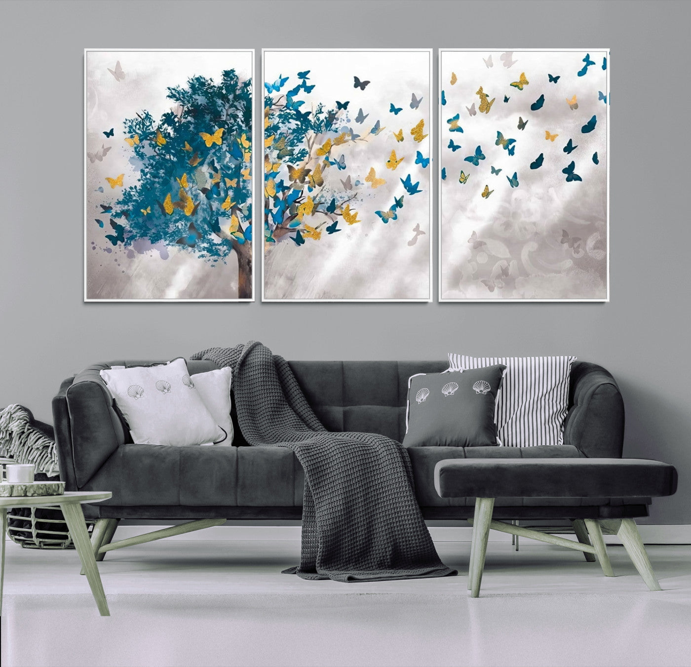 37564-MGV-CV-36X24-Butterfly Tree Wall Art – Modern Nature Canvas Print with Blue and Golden Butterflies, Elegant Decorative Painting for Living Room