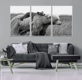 76338-MGV-FC-60X30-3P_White-Mother Bear and Cub Wall Art – Black and White Wildlife Canvas Print, Rustic Nature Photography for Cabin, Living Room or Office