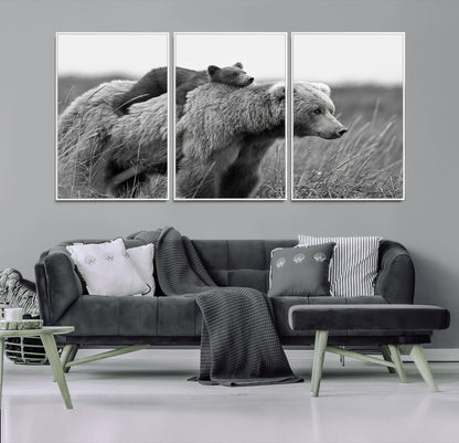 76338-MGV-FC-60X30-3P_White-Mother Bear and Cub Wall Art – Black and White Wildlife Canvas Print, Rustic Nature Photography for Cabin, Living Room or Office