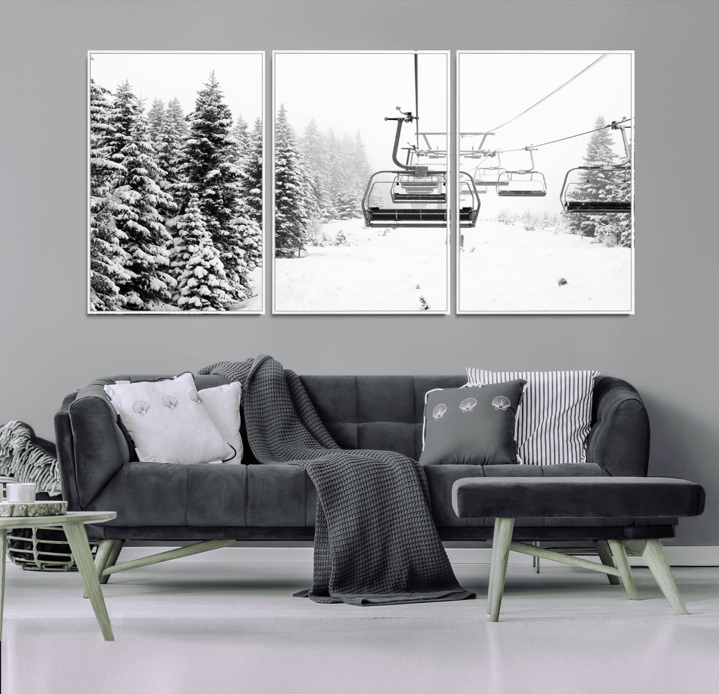 70609-MGV-CV-36X24-Snowy Ski Lift Wall Art – Black and White Winter Mountain Landscape Canvas Print, Rustic Lodge Decor for Cabin, Living Room or