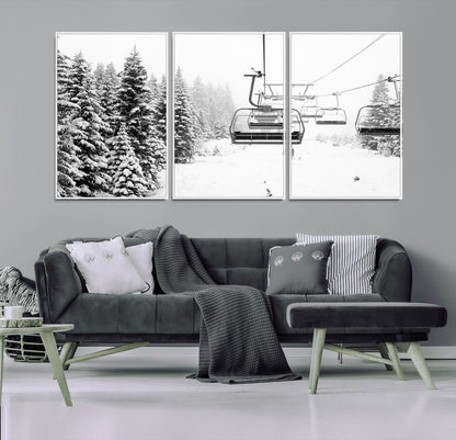 70609-MGV-CV-36X24-Snowy Ski Lift Wall Art – Black and White Winter Mountain Landscape Canvas Print, Rustic Lodge Decor for Cabin, Living Room or