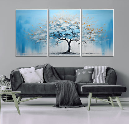 25021-MGV-CV-36X24-Abstract Tree Wall Art – Blue and White Canvas Painting with Gold Accents, Modern Nature-Inspired Artwork for Living Room, Bedroom