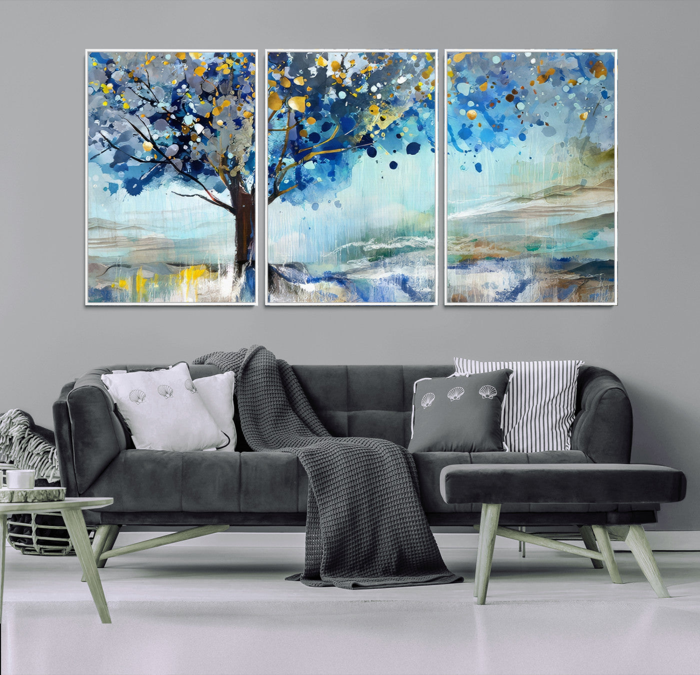 17018-MGV-CV-36X24-Abstract Blue Tree Wall Art – Colorful Canvas Painting with Gold and Silver Accents, Modern Nature Artwork for Living Room,