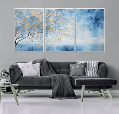 23891-MGV-CV-36X24-Abstract Tree Wall Art – Minimalist Blue and Gold Canvas Painting, Elegant Nature-Inspired Artwork for Living Room, Bedroom or
