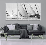 Boat-1-MGV-CV-36X24-Sailboat Racing Wall Art – Nautical Black and White Canvas Print, Ocean Adventure Decor for Office, Living Room or Bedroom