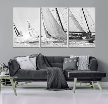 Boat-1-MGV-CV-36X24-Sailboat Racing Wall Art – Nautical Black and White Canvas Print, Ocean Adventure Decor for Office, Living Room or Bedroom