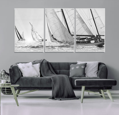 Boat-1-MGV-CV-36X24-Sailboat Racing Wall Art – Nautical Black and White Canvas Print, Ocean Adventure Decor for Office, Living Room or Bedroom