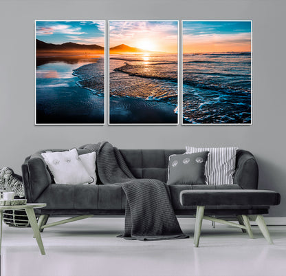 26494-MGV-CV-36X24-Ocean Sunset Wall Art – Scenic Beach Canvas Print with Waves and Mountains, Coastal Seascape Photography for Living Room, Bedroom
