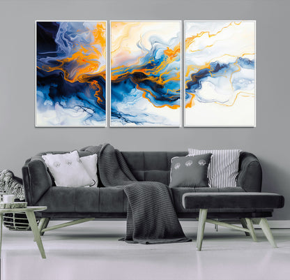 83720-MGV-FC-60X30-3P_White-Abstract Fluid Wall Art – Blue, White and Gold Swirl Canvas Painting, Modern Contemporary Artwork for Living Room, Bedroom or