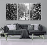 19240-MGV-CV-36X24-Ski Lift Wall Art – Black and White Winter Mountain Canvas Print, Snowy Forest Ski Resort Photography for Cabin, Lodge, Office or