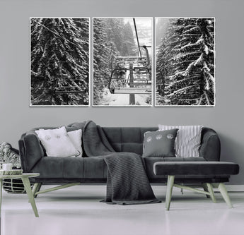 19240-MGV-CV-36X24-Ski Lift Wall Art – Black and White Winter Mountain Canvas Print, Snowy Forest Ski Resort Photography for Cabin, Lodge, Office or