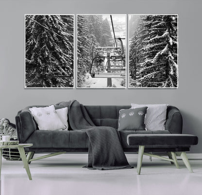 19240-MGV-CV-36X24-Ski Lift Wall Art – Black and White Winter Mountain Canvas Print, Snowy Forest Ski Resort Photography for Cabin, Lodge, Office or