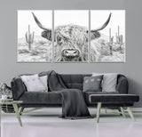 94579-MGV-CV-36X24-Highland Cow Wall Art – Black and White Longhorn Canvas Print, Rustic Western Farmhouse Animal Photography for Living Room,