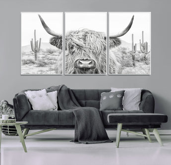 94579-MGV-CV-36X24-Highland Cow Wall Art – Black and White Longhorn Canvas Print, Rustic Western Farmhouse Animal Photography for Living Room,