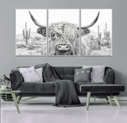 94579-MGV-CV-36X24-Highland Cow Wall Art – Black and White Longhorn Canvas Print, Rustic Western Farmhouse Animal Photography for Living Room,