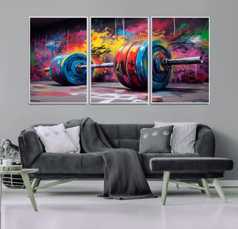 13549-MGV-CV-36X24-Graffiti Gym Wall Art Canvas Print, Framed Graffiti Barbell Art Picture Print, Weightlifting Perfect Fitness Studio Decor Artwork