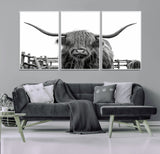 58188-MGV-CV-36X24-Highland Cow Wall Art – Black and White Rustic Farmhouse Canvas Print, Longhorn Cattle Photography Decor for Living Room or