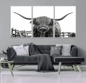 58188-MGV-CV-36X24-Highland Cow Wall Art – Black and White Rustic Farmhouse Canvas Print, Longhorn Cattle Photography Decor for Living Room or