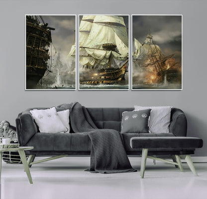 26512-MGV-CV-36X24-Naval Battle Wall Art – Dramatic Tall Ship Canvas Print, Historic Pirate Sailing War Scene, Nautical Decor for Office, Study or