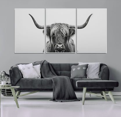 35820-MGV-CV-36X24-Minimalist Highland Cow Wall Art – Black and White Longhorn Cattle Canvas Print, Modern Farmhouse Animal Photography Decor for