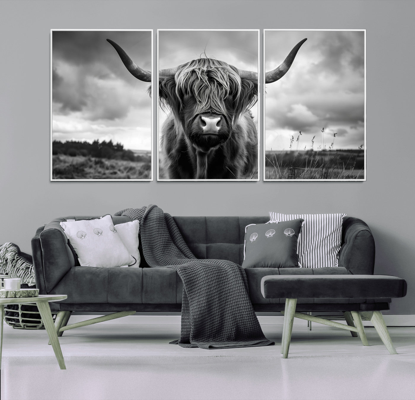 17924-MGV-CV-36X24-Highland Cow Wall Art – Black and White Rustic Longhorn Cattle Canvas Print, Farmhouse Animal Photography Decor for Country Home