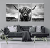 17924-MGV-CV-36X24-Highland Cow Wall Art – Black and White Rustic Longhorn Cattle Canvas Print, Farmhouse Animal Photography Decor for Country Home