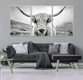 80564-MGV-CV-36X24-Highland Cow Wall Art – Black and White Scottish Highland Canvas Print, Rustic Farmhouse Decor for Living Room, Bedroom or Office