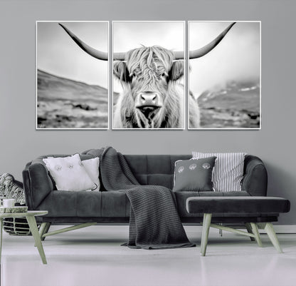 80564-MGV-CV-36X24-Highland Cow Wall Art – Black and White Scottish Highland Canvas Print, Rustic Farmhouse Decor for Living Room, Bedroom or Office