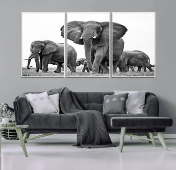 91685-MGV-CV-36X24-Elephant Herd Wall Art – Black and White Safari Canvas Print, African Wildlife Photography Decor for Living Room, Office or