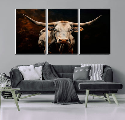 70522-MGV-CV-36X24-Longhorn Bull Wall Art – Striking Canvas Print of Majestic Bull, Premium Animal Decor for Home, Office, Man Cave, or Living Room