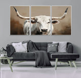 61423-MGV-FC-60X30-3P_White-Longhorn Bull Wall Art – Rustic Western Texas Steer Canvas Print, Cowboy Farmhouse Decor for Living Room, Bedroom, Office or Ranch