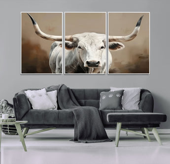 61423-MGV-FC-60X30-3P_White-Longhorn Bull Wall Art – Rustic Western Texas Steer Canvas Print, Cowboy Farmhouse Decor for Living Room, Bedroom, Office or Ranch