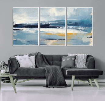19746-MGV-CV-36X24-Abstract Ocean Wall Art – Modern Coastal Canvas Print with Blue, White and Gold Textures, Contemporary Seascape Painting for