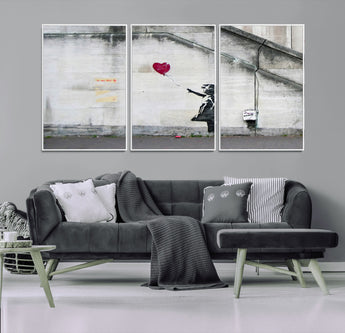 50559-MGV-FC-60X30-3P_White-Banksy Girl with Balloon Wall Art – Famous Street Graffiti Canvas Print, Modern Urban Artwork for Living Room, Bedroom or Office