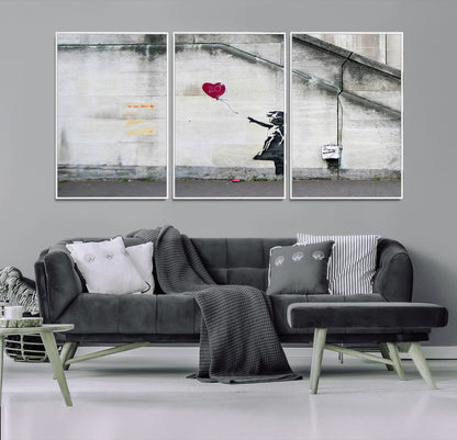 50559-MGV-FC-60X30-3P_White-Banksy Girl with Balloon Wall Art – Famous Street Graffiti Canvas Print, Modern Urban Artwork for Living Room, Bedroom or Office