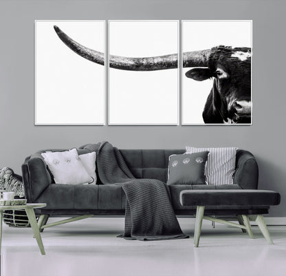 31699-MGV-CV-36X24-Longhorn Wall Art – Black and White Texas Longhorn Cow Canvas Print, Rustic Western Farmhouse Artwork for Living Room, Bedroom or