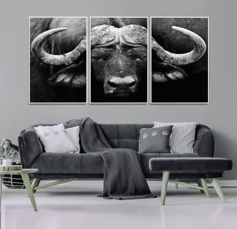 75273-MGV-CV-36X24-Buffalo Wall Art – Black and White African Buffalo Canvas Print, Rustic Wildlife Animal Artwork for Farmhouse, Living Room,