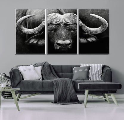 75273-MGV-CV-36X24-Buffalo Wall Art – Black and White African Buffalo Canvas Print, Rustic Wildlife Animal Artwork for Farmhouse, Living Room,