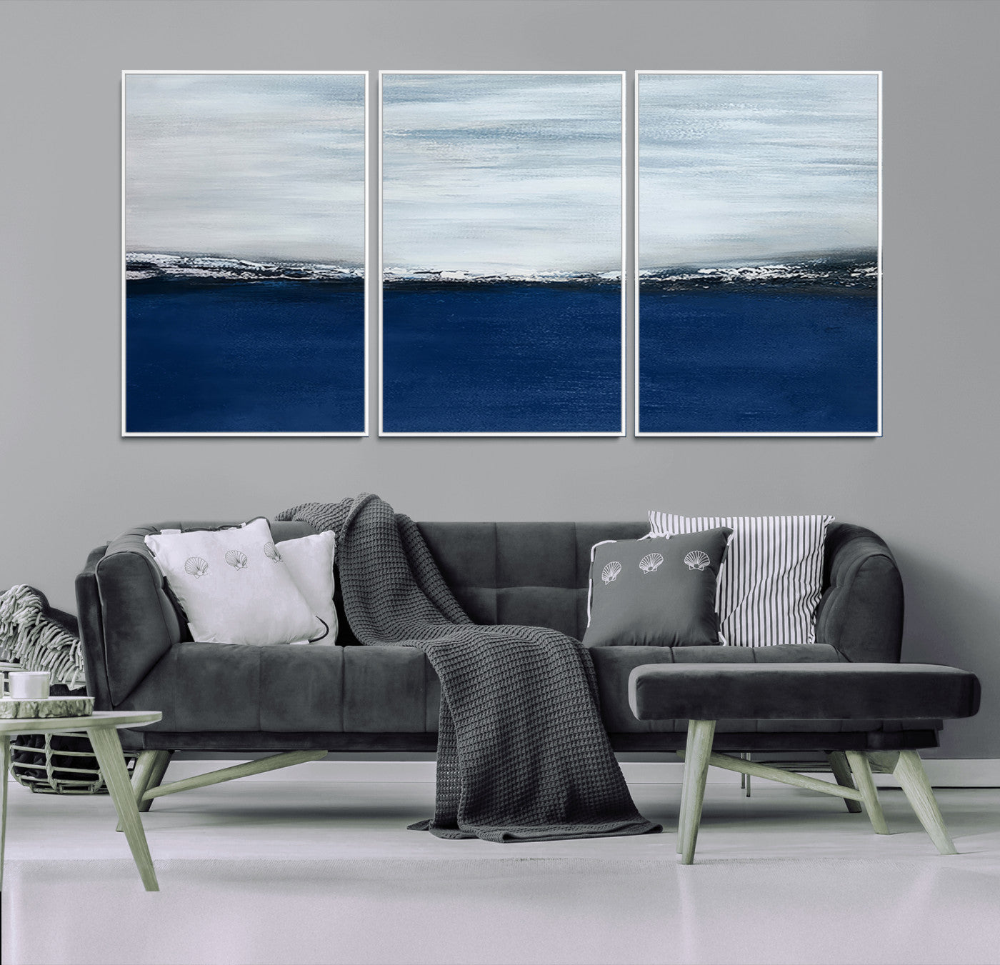 62197-MGV-FC-60X30-3P_White-Abstract Ocean Wall Art – Minimalist Blue and White Canvas Print, Modern Coastal Seascape Painting for Bedroom, Living Room or