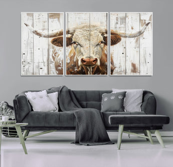 71551-MGV-CV-36X24-Longhorn Bull Wall Art – Rustic Western Cow Canvas Print, Farmhouse Animal Painting with Wood Plank Style for Living Room, Office