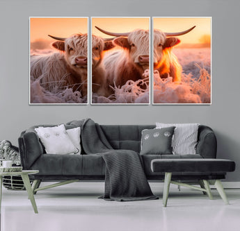68253-MGV-FC-60X30-3P_White-Highland Cow Wall Art – Rustic Farmhouse Cattle Canvas Print, Frosty Sunset Animal Artwork for Living Room, Bedroom or Country