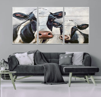 28934-MGV-FC-60X30-3P_White-Farmhouse Cow Wall Art – Rustic Black and White Dairy Cattle Canvas Print, Country Barn Animal Painting for Kitchen, Living Room