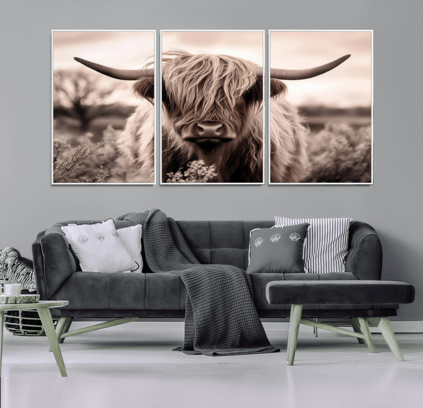 55903-MGV-CV-36X24-Highland Cow Wall Art – Rustic Sepia Scottish Highland Bull Canvas Print, Farmhouse Country Animal Decor for Living Room, Bedroom