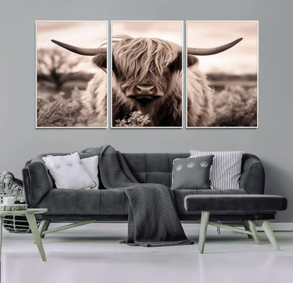 55903-MGV-CV-36X24-Highland Cow Wall Art – Rustic Sepia Scottish Highland Bull Canvas Print, Farmhouse Country Animal Decor for Living Room, Bedroom