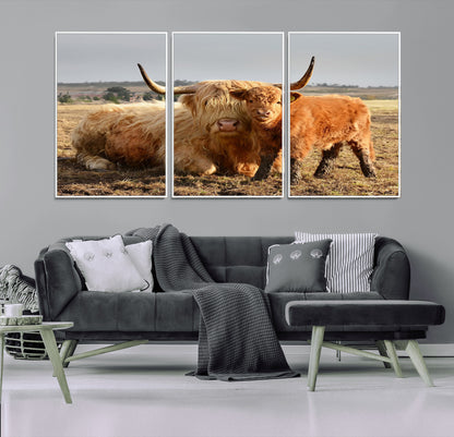 53461-MGV-CV-36X24-Highland Cow Family Wall Art – Rustic Farmhouse Animal Canvas Print, Country Decor for Living Room, Bedroom or Office, Calf and