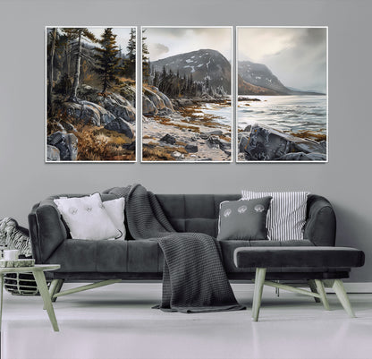 41281-MGV-FC-60X30-3P_White-Rocky Shoreline Wall Art – Panoramic Mountain Coast and Forest Canvas Print, Rustic Nature Landscape Decor for Cabin, Lodge, or