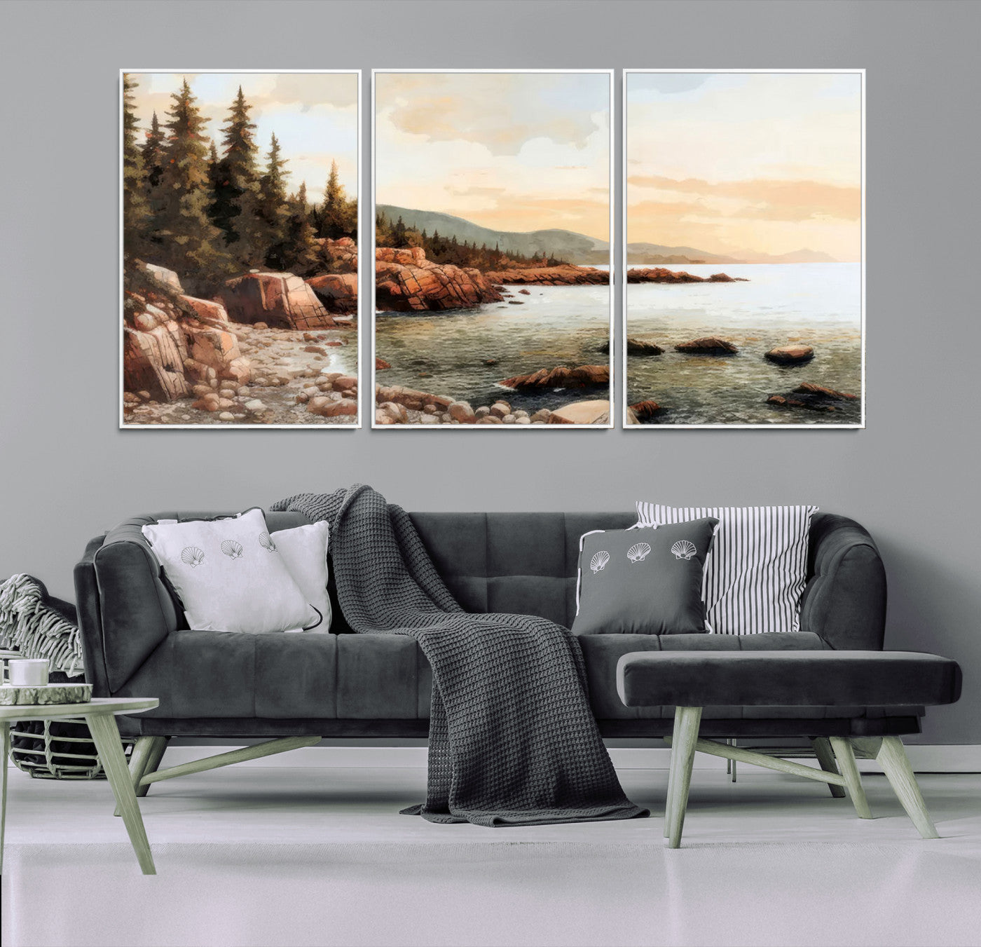 77145-MGV-FC-60X30-3P_White-Coastal Landscape Wall Art – Panoramic Rocky Shoreline and Pine Trees Canvas Print, Rustic Nature Decor for Cabin, Lodge, Office,