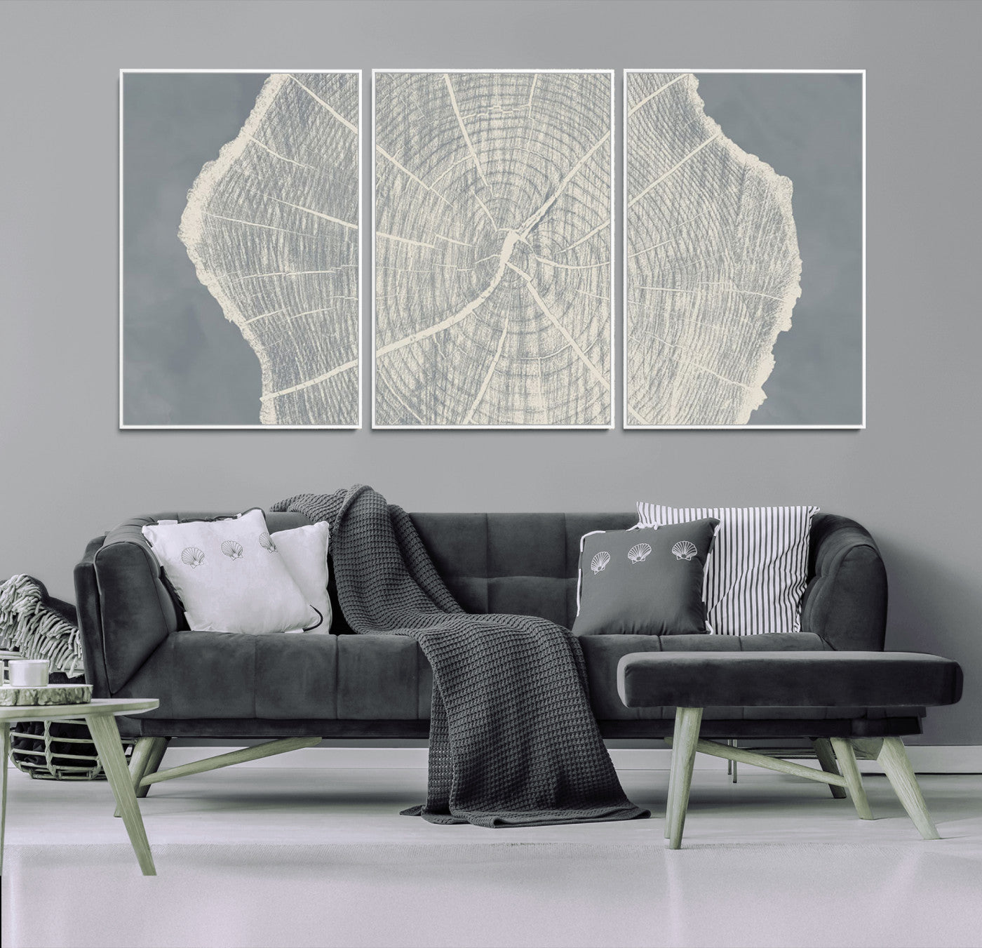 25547-MGV-FC-60X30-3P_White-Tree Ring Wall Art Canvas Print, Framed Linocut Tree Ring Art Picture Print, Wood Texture Perfect Minimalist Farmhouse Decor