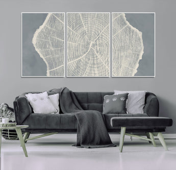 25547-MGV-FC-60X30-3P_White-Tree Ring Wall Art Canvas Print, Framed Linocut Tree Ring Art Picture Print, Wood Texture Perfect Minimalist Farmhouse Decor